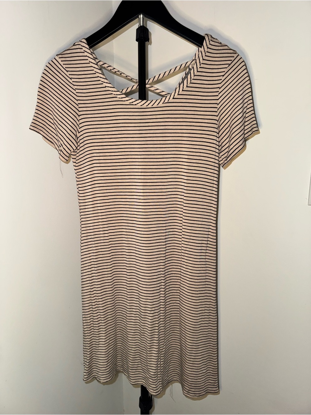 Olivia Rae Beige and Black Striped Crisscross Back Mini Dress
